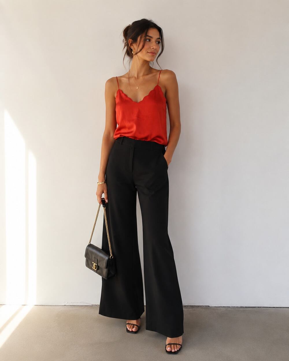 Harlyn Orange Scalloped Satin Camisole Tank Top Womens XS Capsule Wardrobe Basic